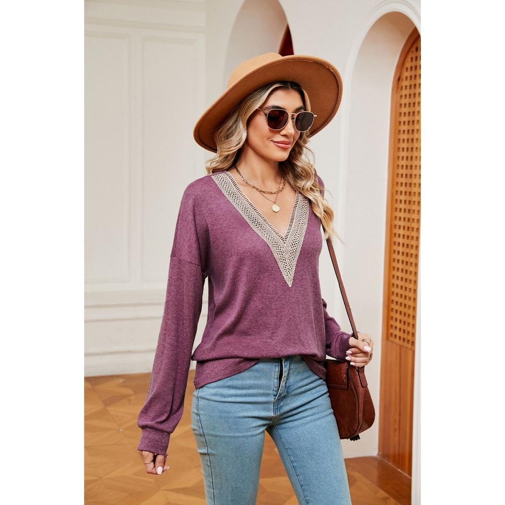 Solid Color Lace V-neck Color-block Loose Long Sleeve T-shirt Top Fall Winter New Arrival for Europe America Cross-border Trade