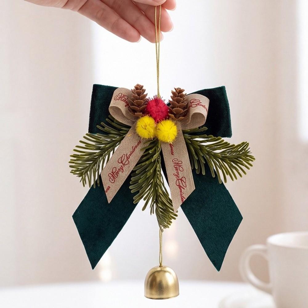 Pine Needle Decor Bow Bell Pendant Pine Cone Accent Christmas Bow Hanger Home Party Decor