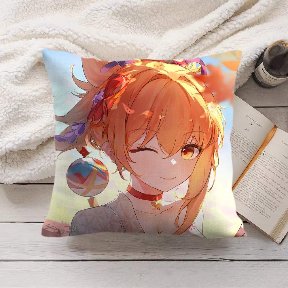 Yoimiya Genshin Impact Cute Cushion Cover Silky Short Plush Invisible Zipper Dustproof Sofa Pillow Case For Home Decor