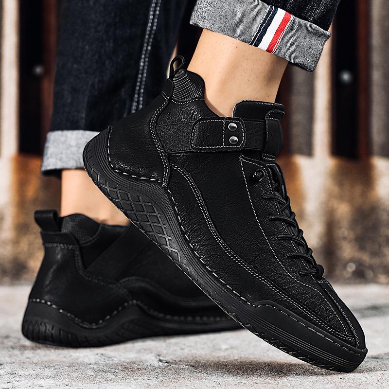 Autumn and winter new leather boots men's casual shoes fleece warm snow boots men's high-top Martin boots hand-sewn tooling shoes