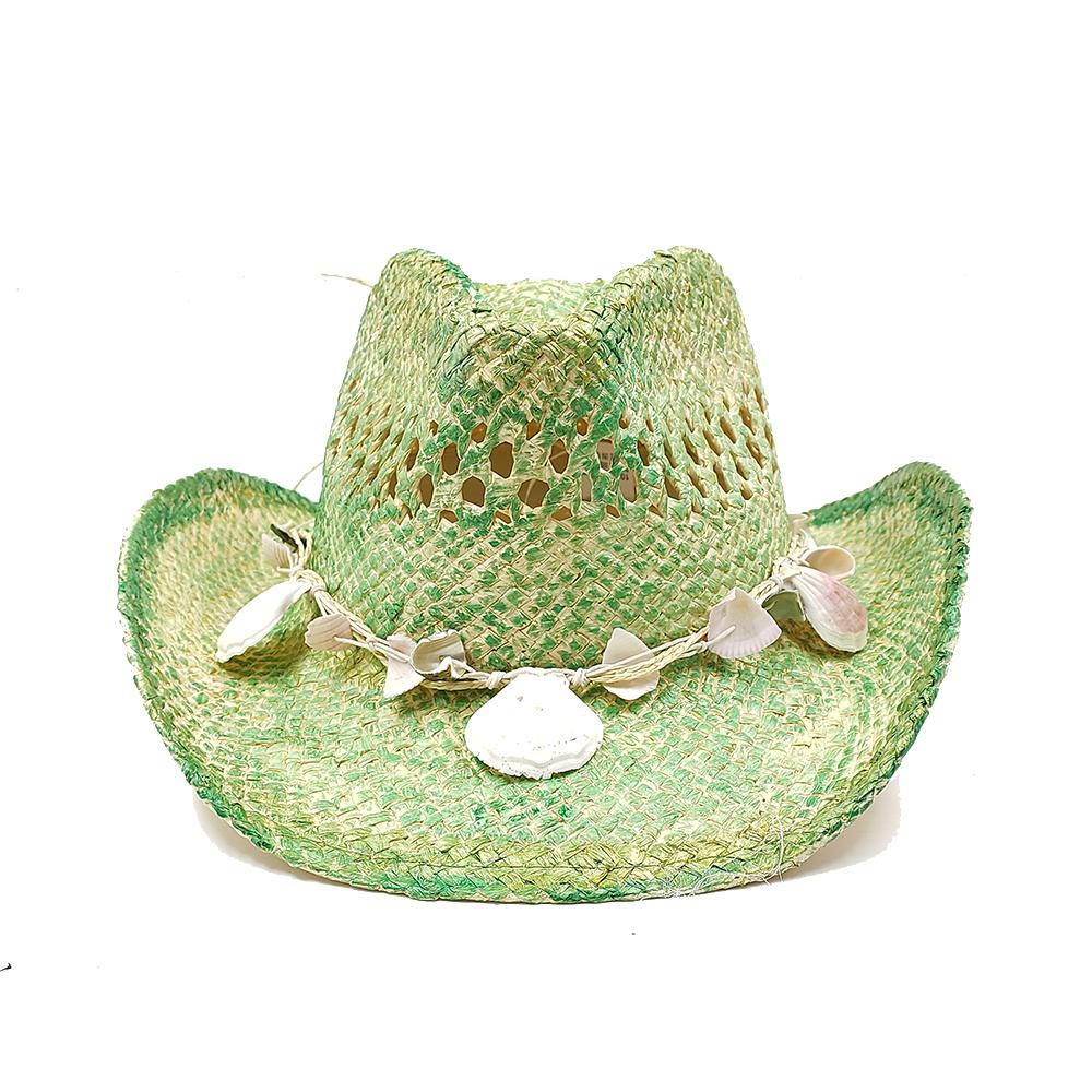 Hand-painted Hollow Woven Western Cowboy Hat Men and Women Summer Outdoor Denim Hat Beach Sunscreen Paper Straw Hat Shell Chain