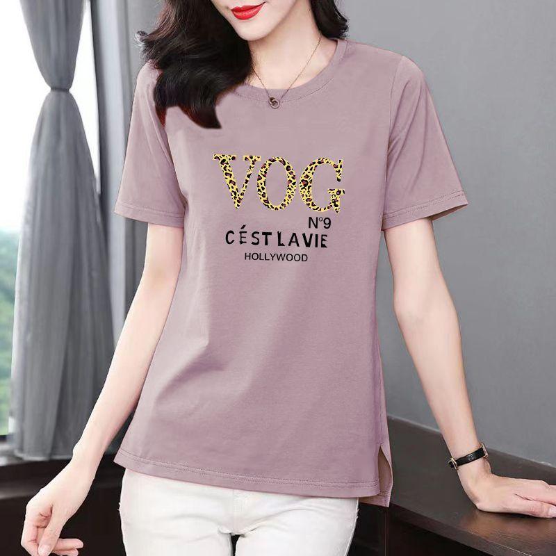

Fashion Summer Solid Color Letter T-shirt Women Classic Short Sleeve O-collar Loose Cotton Slim Korean Casual All-match Lady Top XXXL светло-фиолетовый