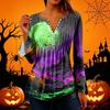 Women's Halloween Print V-Neck Long Sleeve T-Shirt with Sleeves and Pleated Button Front