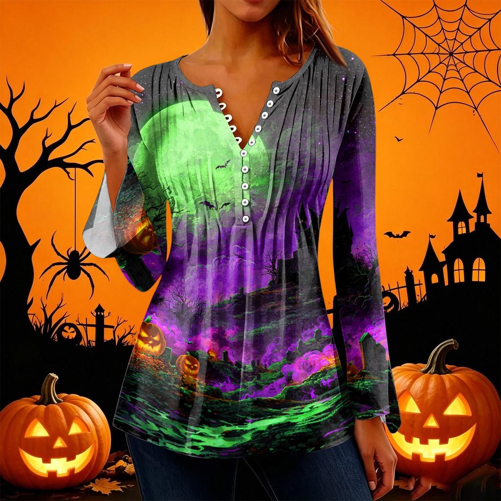 Women's Halloween Print V-Neck Long Sleeve T-Shirt with Sleeves and Pleated Button Front