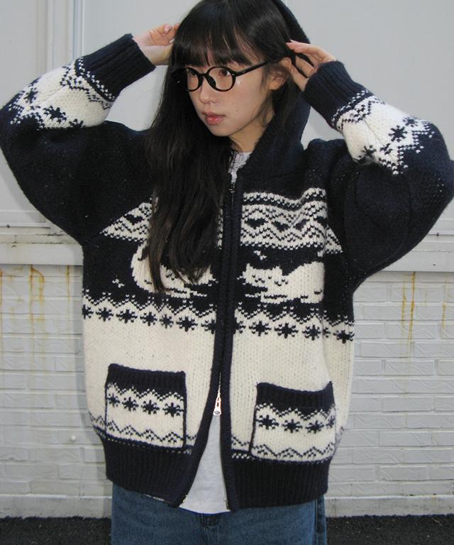 RONRON Cat Jacquard Hood Zip Up Knit Navy