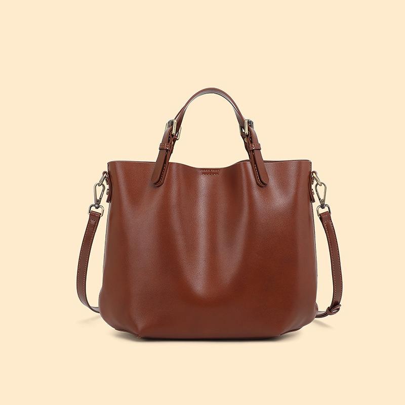 The First Layer Of Cowhide Is Simple And Large-Capacity Commuter Tote Bag, Versatile And Advanced Sense, Portable Single Shoulder Crossbody Bucket Bag