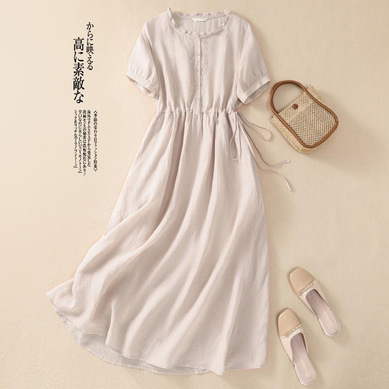 Real Shot Summer New Cotton and Linen Literary Commute Simple Solid Color Light and Thin Medium and Long Dress Women