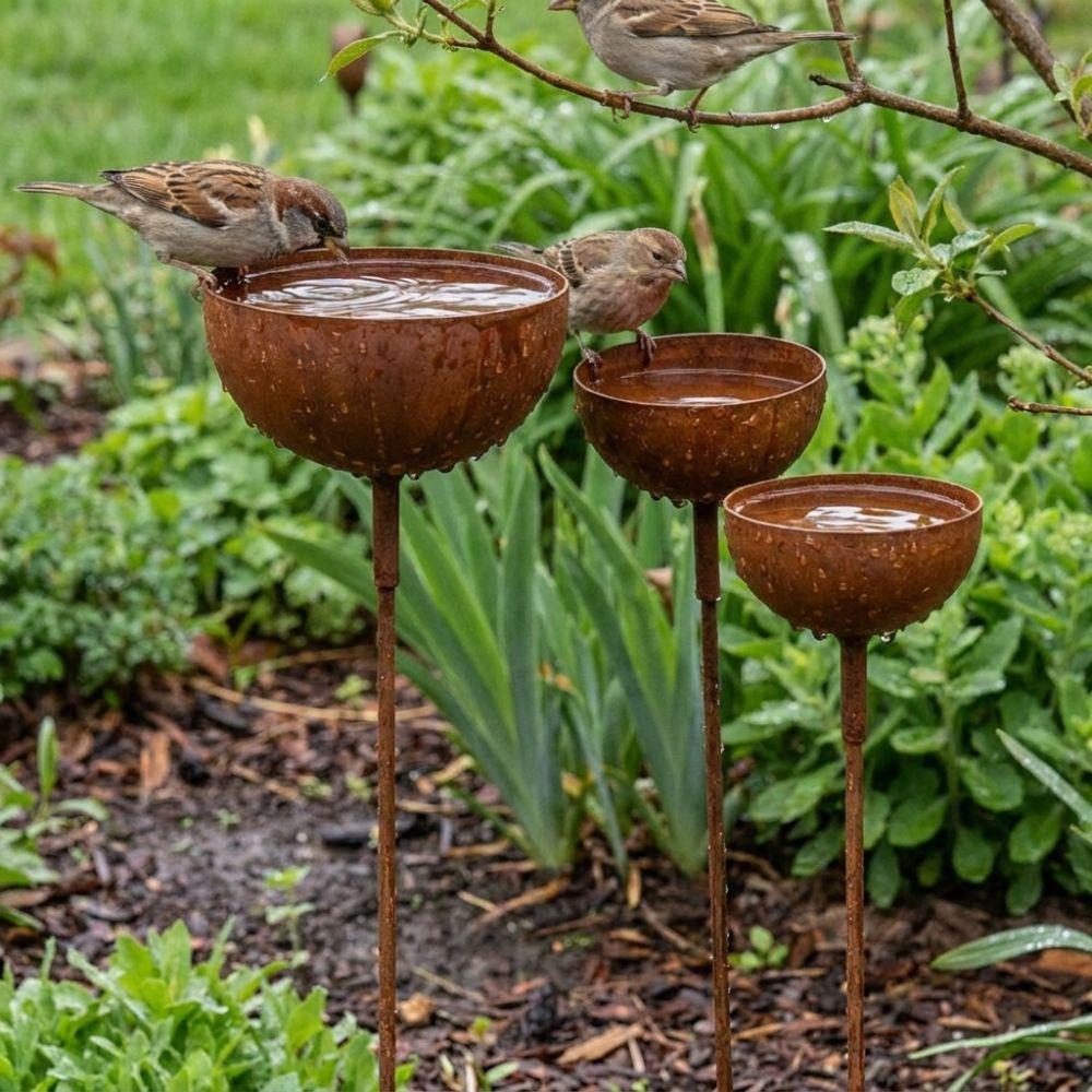 Long Stem Metal Bird Bath Vintage Weathered Insect Watering Station Rain Collectors Garden Stakes