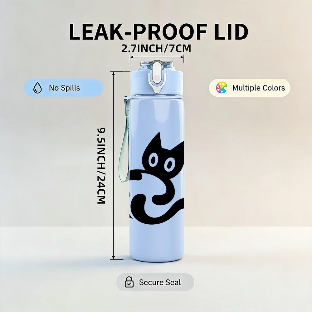 1PC Minimal Black Cat Line Drawing 750ml Color Plastic Sports Water Bottle Leakproof Flip Straw Lid Suitable for Sports Office Home Use
