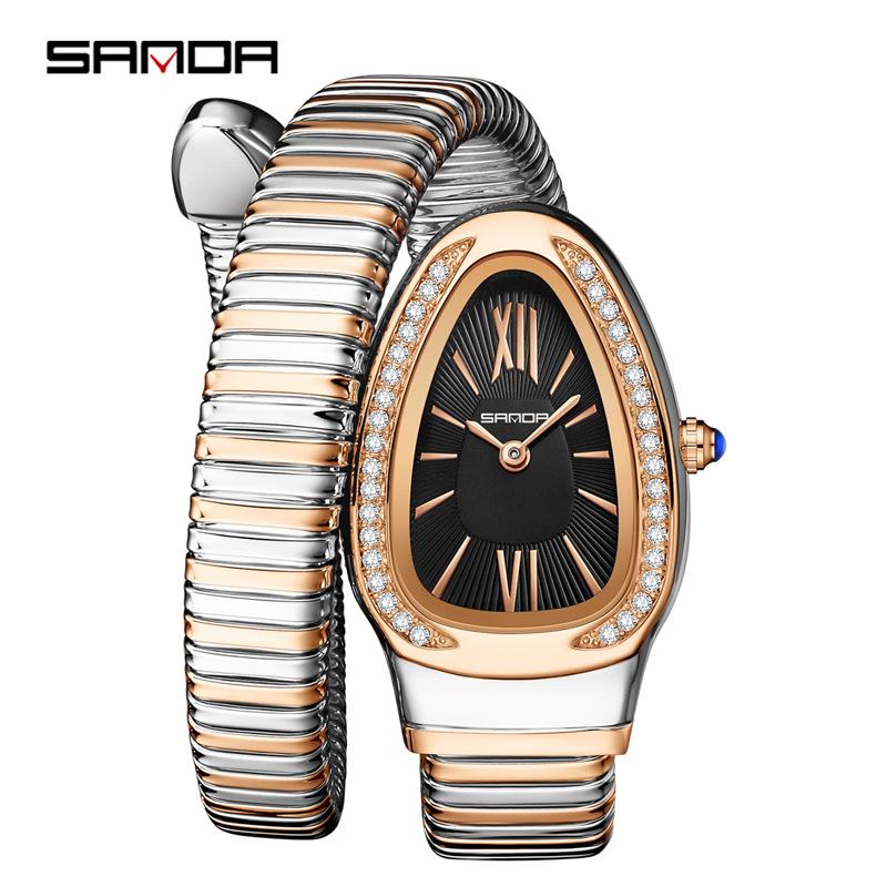 SANDA Fashion Women's Quartz Watch Serpentine Inlaid Diamond Women's Watch Retro Light Luxury Women's Quartz Watch