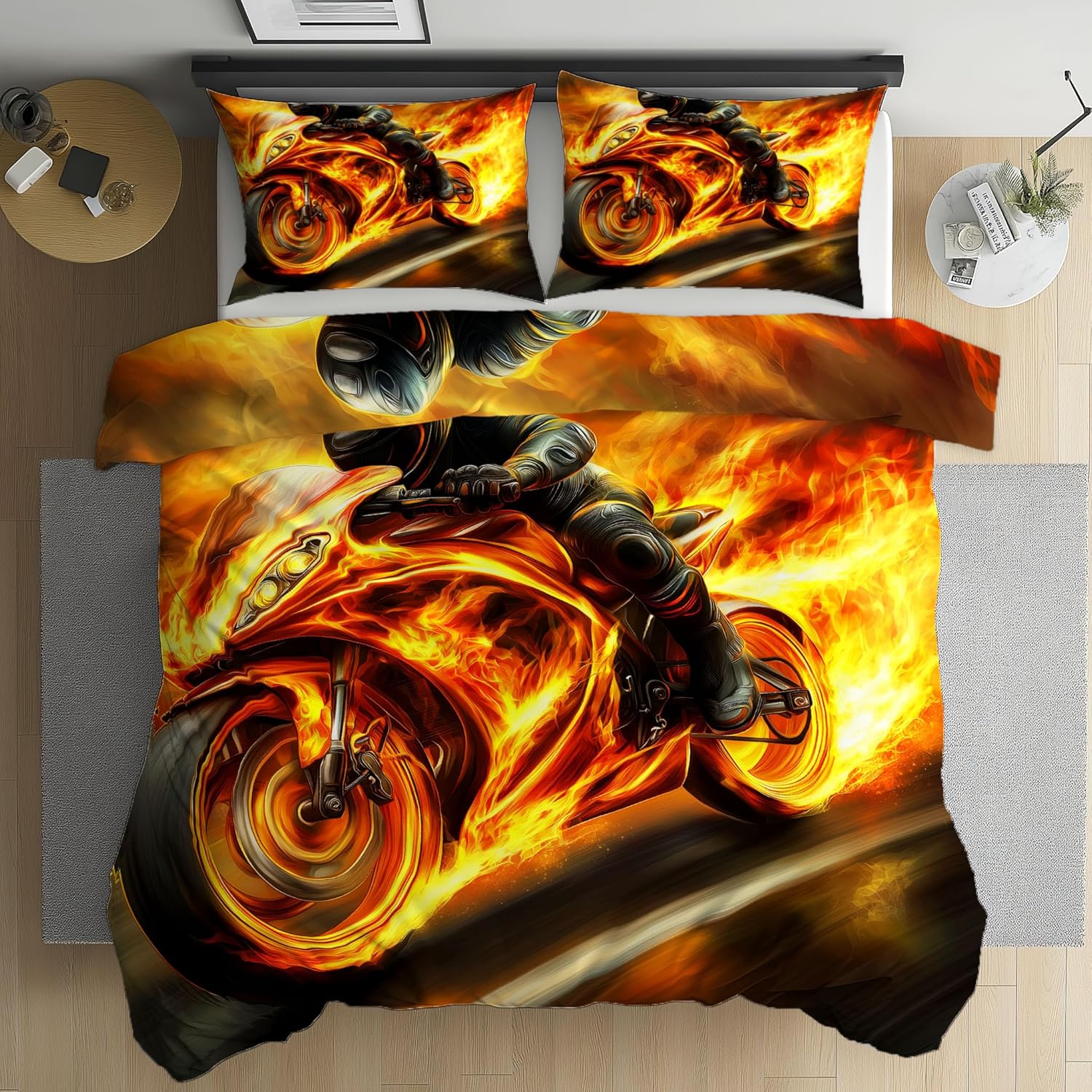 

Flame Motorcycle Pattern Bedding Set, Motorcycle Duvet Cover with Pillowcase and Zipper,Soft Kids Teen Boys Bedding Set 2 Pcs 135*200cm