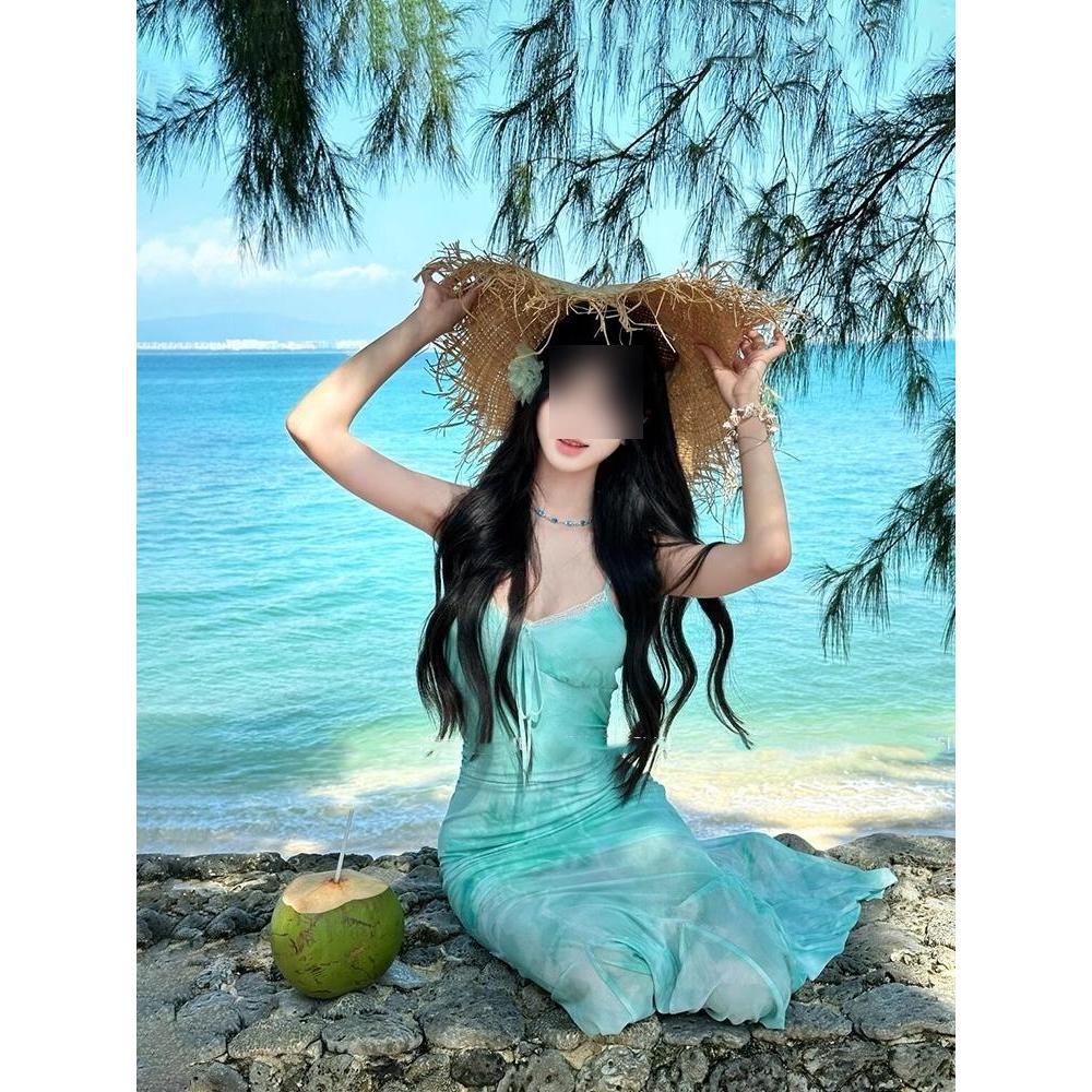 

Green floral mesh suspender dress women s spring and summer seaside vacation temperament waist hip fish tail dress XL- (recommended 110-60kg)