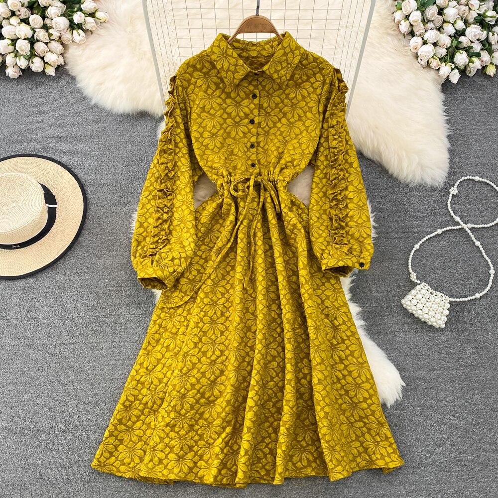 

Осеннее длинное неопрятное женское платье SENIOR SENSE RETRO с длинными рукавами и отворотами, чтобы показать тонкую талию