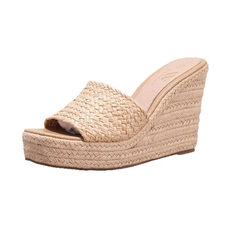 Damen-Keilabsatzsandalen aus geflochtenem Strohseil - Einzelner Riemen, Sommer-Plateau-High Heels, Europäischer & Amerikanischer Stil