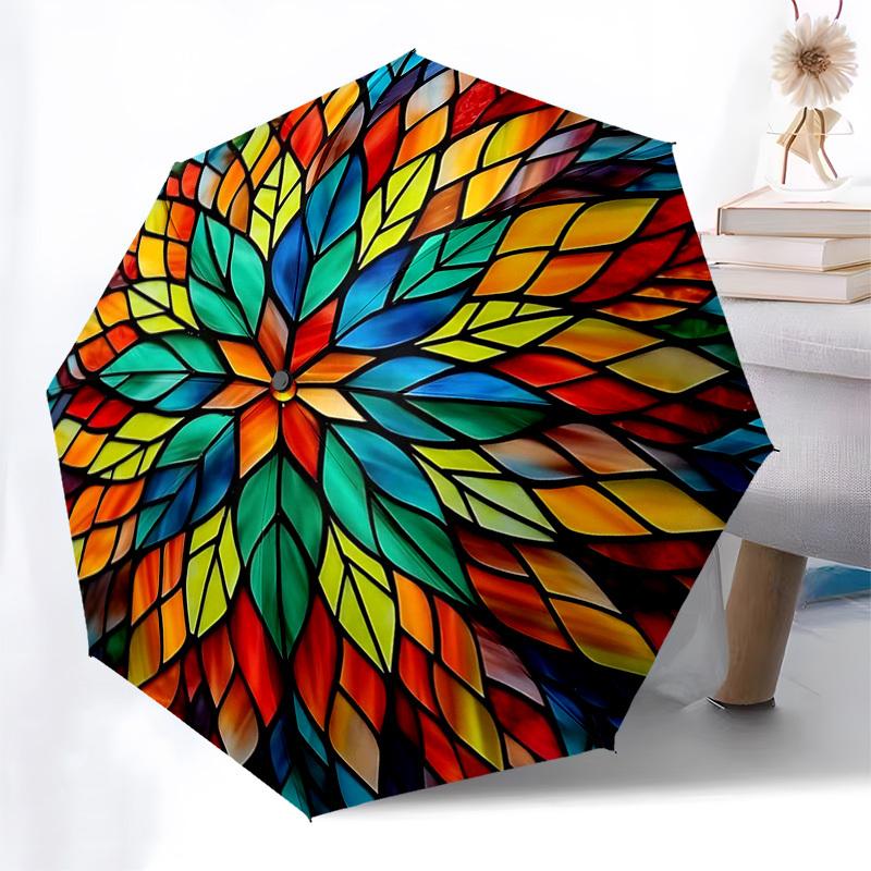 

1pc Rainbow Mandala Stained Glass Auto-Open Close Umbrella, Portable 3-Fold Design with 8-Bone Iron Frame, Outdoor Umbrella for Festivals, Fans, Trave