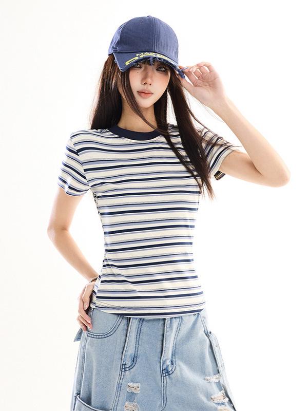 Retro Striped Slim Fit Cropped Short Sleeve T-shirt - Early Spring Petite Millennium Style