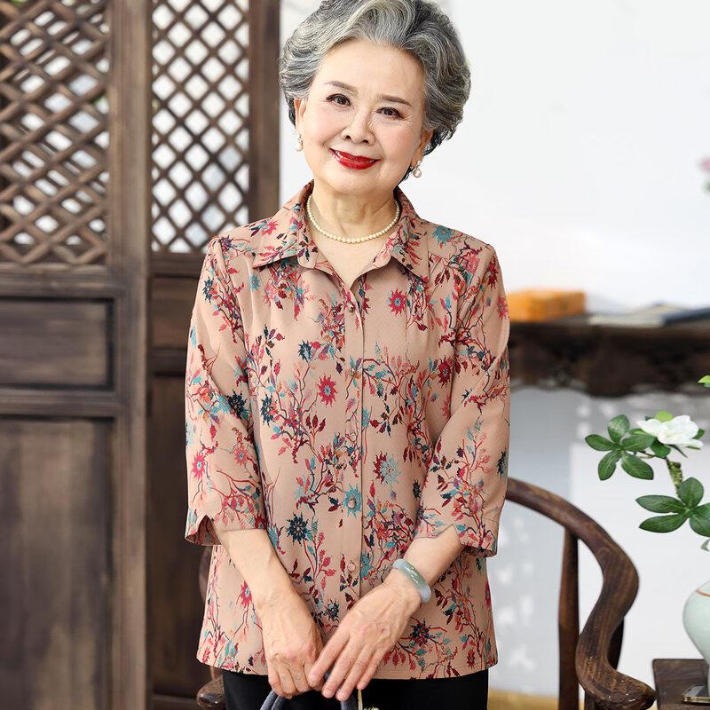 Elderly Women's Embroidered Lapel Seven-Quarter Sleeve Shirt