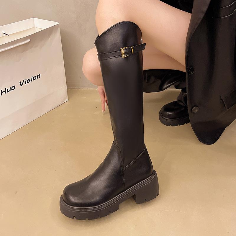 But Knee Boots Women's 2025 Autumn and Winter New Versatile Thick-soled V-mouth Women's Boots Thick Heel Belt Buckle Small Tall Tube