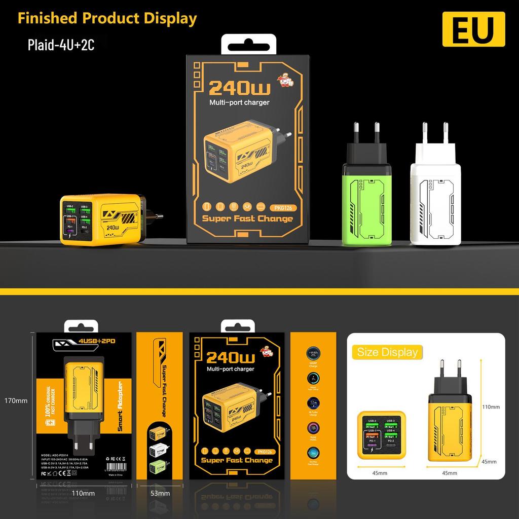 Mecha Style PD240W Fast Charger: 4-USB & 2-Type-C Ports, Compatible with Apple & Huawei Devices