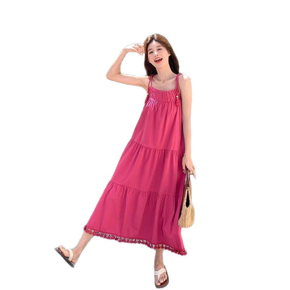 Rose pink fringed suspender dress female medium and long summer new Korean version loose sweet dress fairy