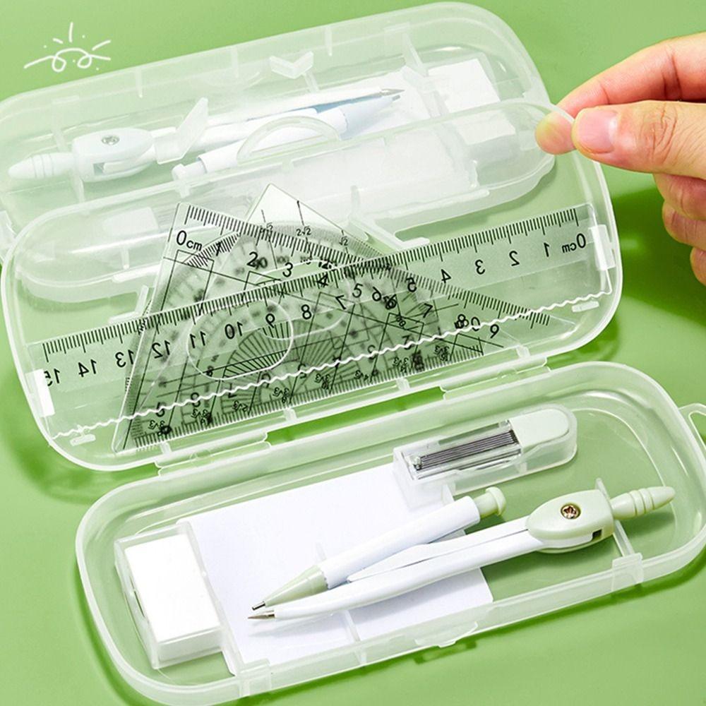 Portable 8PCS/Set Plastic Ruler Compasses Set Transparent Eraser Protractor Set Square Straight Ruler Measuring Ruler Students
