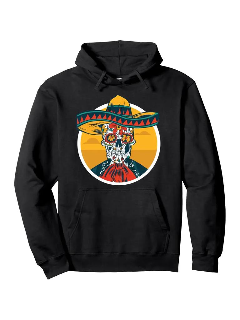 Day of the Dead Skeleton Hoodie - Black Casual Pullover with Vibrant Skull & Taco Print