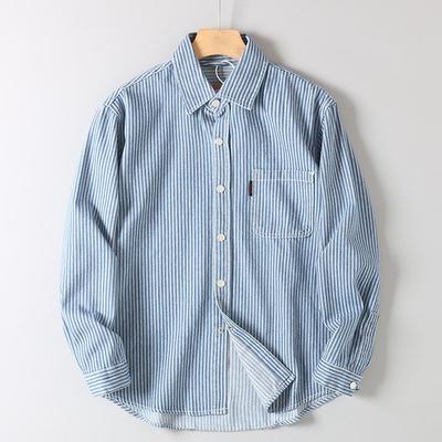 Japanese Retro Striped Denim Shirt for Men, Long-Sleeved, New Autumn Casual Loose Shirt, Men's Workwear Jacket, Trendy
