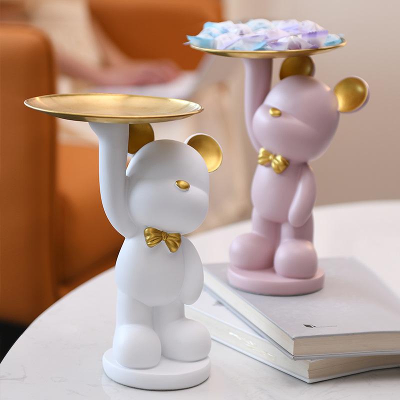 Nordic Home Decor Accessories Creative Bear Figurines Tray Decoration Storage Sculpture Resin Living Room Table Decoration Gift