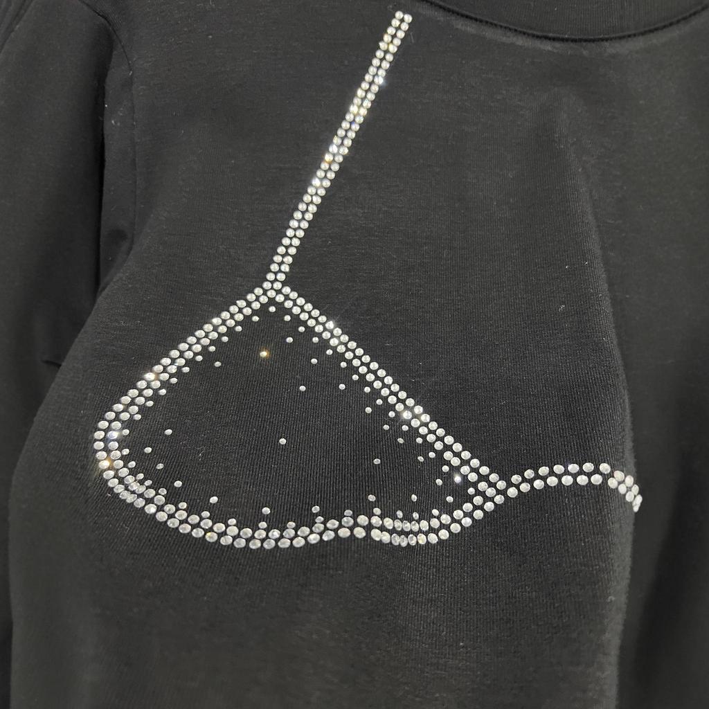 2025 Damen Schwarz Strass Rundhals Schlankmachendes T-Shirt, Herbst/Winter Kollektion