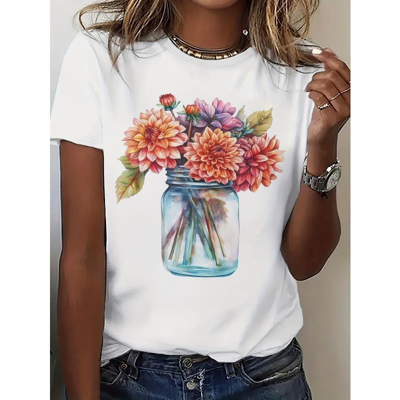 

European Size Women S Dahlia Print T-Shirt - Short Sleeve, Round Neck, Casual Summer Style, Vibrant Floral Design, Comfortable Fabric for Vacation 4XL