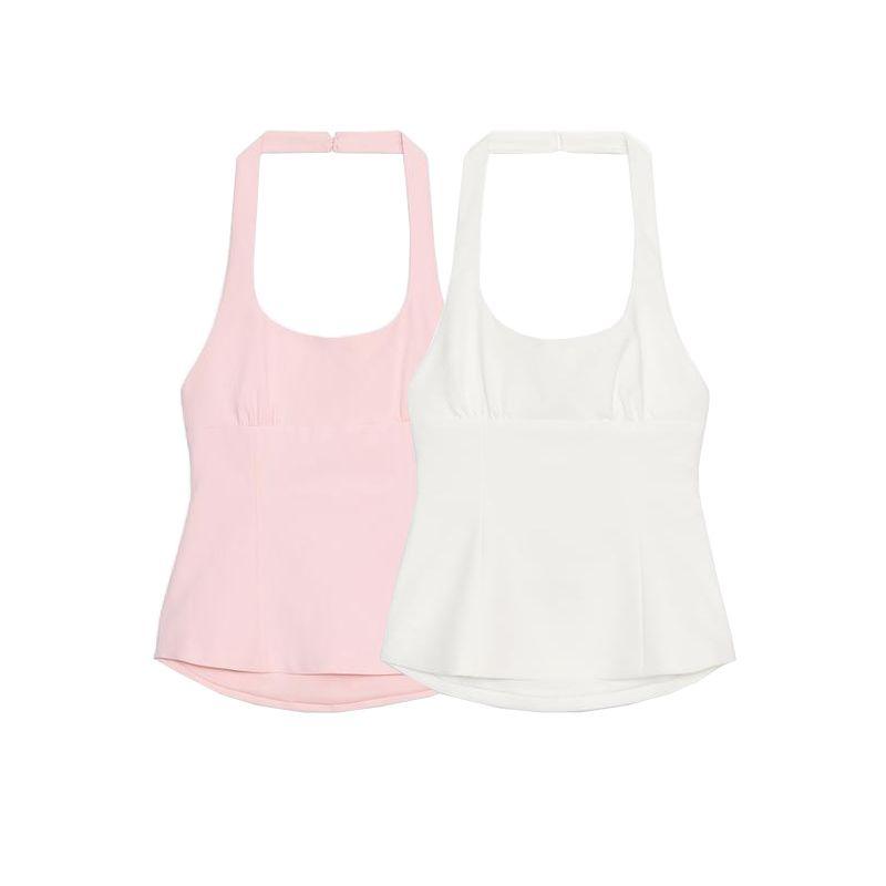 Summer Women's Clothing Open Back Design Square Collar Bowknot Decoration Hanging Collar Tops 4772043 4661068