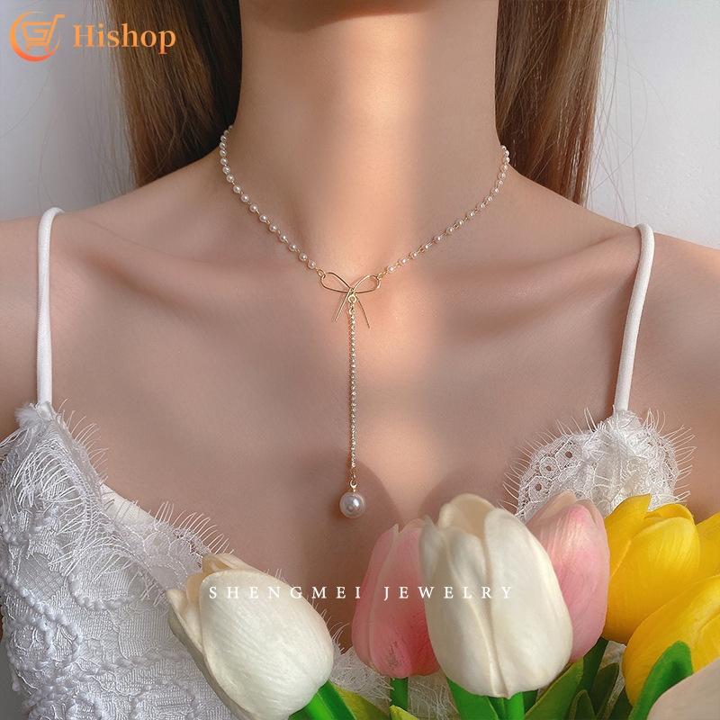 iF ME Elegante Perlenanhänger Halskette Schleife Kristall Gold Kette Halsband Schmuck Zubehör