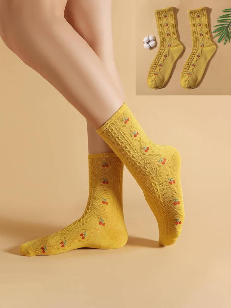 1 pack Cotton Socks Versatile Knitted Cute Girl Sweat Absorption Cherry pattern Mid-calf Casual Socks