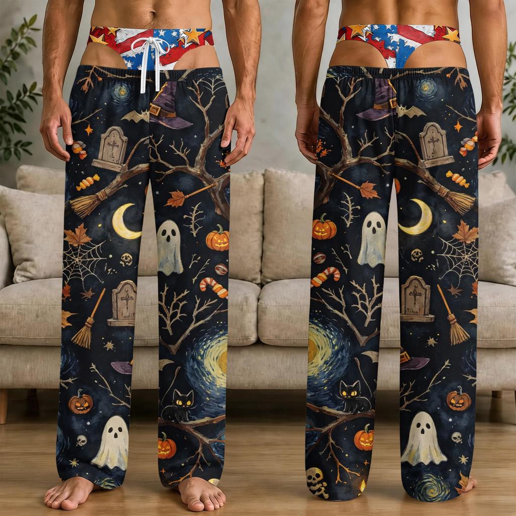 Men's Funny Halloween Print Knit Pants with Pockets, Casual Sleep Pajama Bottoms