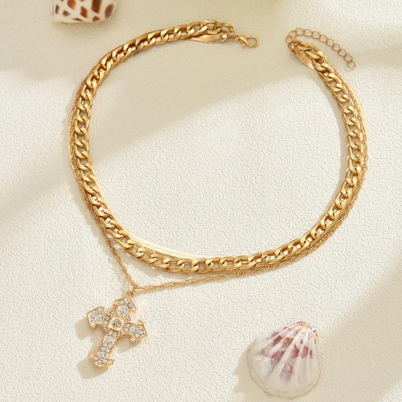 Gold cross necklace, multi-layer stacked diamond-encrusted jewelry, female creative simple alloy necklace