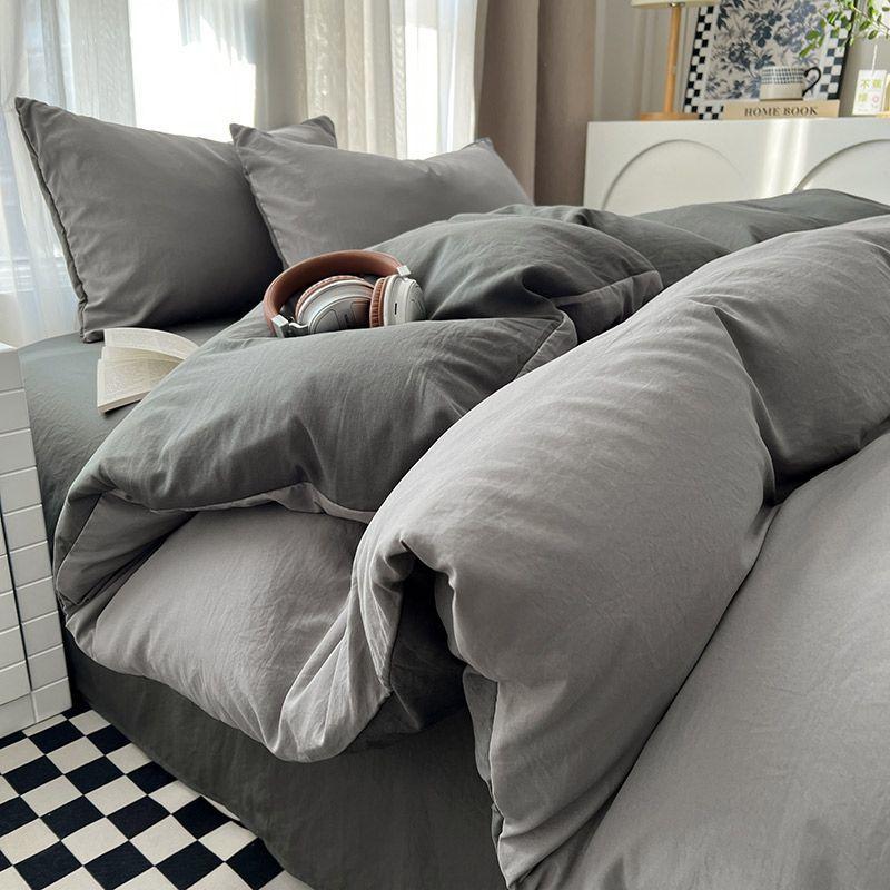 

Pure Color Best Selling Ins Quilt Cover Four-Piece Set Student Dormitory Three-Piece Set Minimalist Washed Bed Sheets Bedding Dormitory Single quilt cover 150*200cm Macaron-double Gray