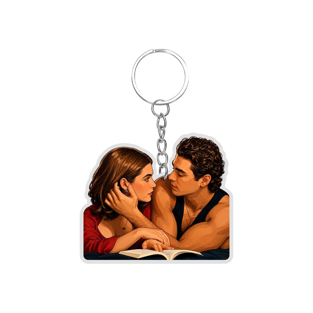 Acrylic Keychain Featuring Four Ice Hockey Players Standing Side by Side Wearing Numbered Jerseys with Attached Metal Key Ring for Easy Carrying
