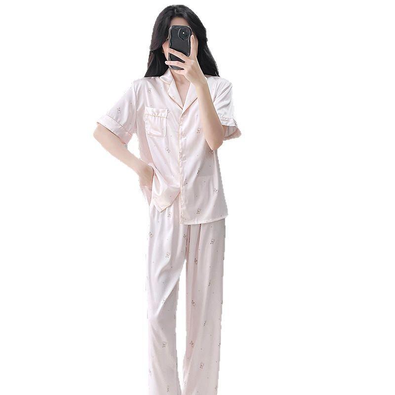 Women's 2025 Ice Silk Pajamas: Summer Thin, Loose Fit, Short Sleeve & Long Pants Set for Spring/Autumn