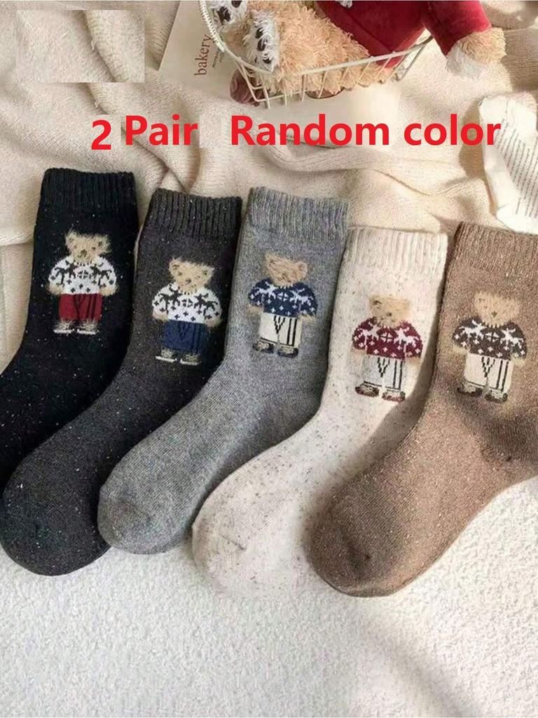 5 Pairs of Socks for Girls, Cartoon Cute Little Bear Mid-Calf Socks, Thickened for Autumn and Winter, Warm Wool Slouch Socks, Ne