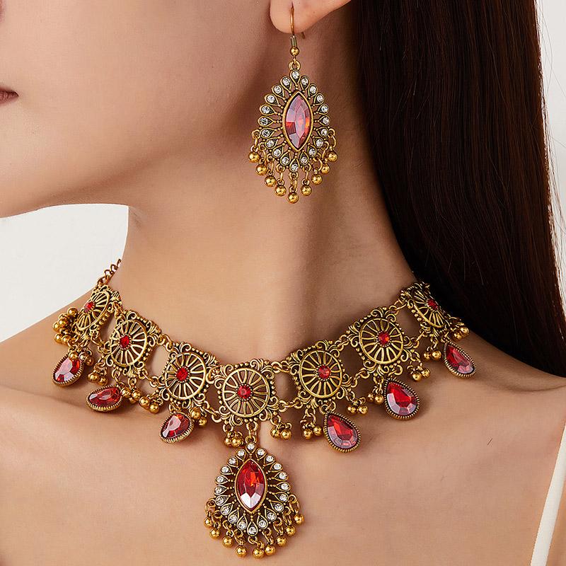 Ethnic Vintage Crystal Stone Jewelry Sets Hollow Water Drop Pendant Necklace Earrings for Women Gift