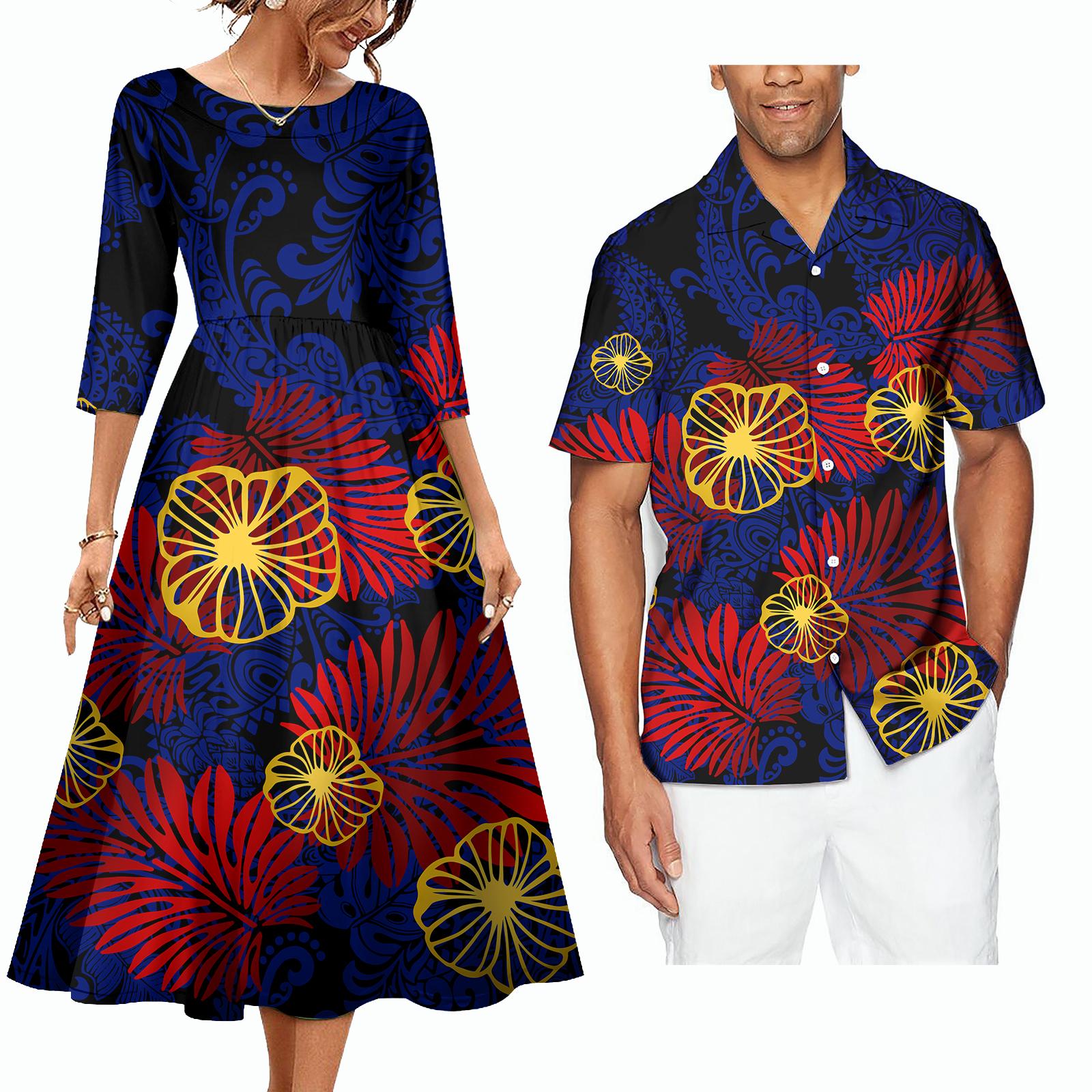 Custom Polynesian Samoa Tongan Traditional Tribal Print Sweet Lovers Matching Couples Clothes Women Elegant Casual Dresses Men-S