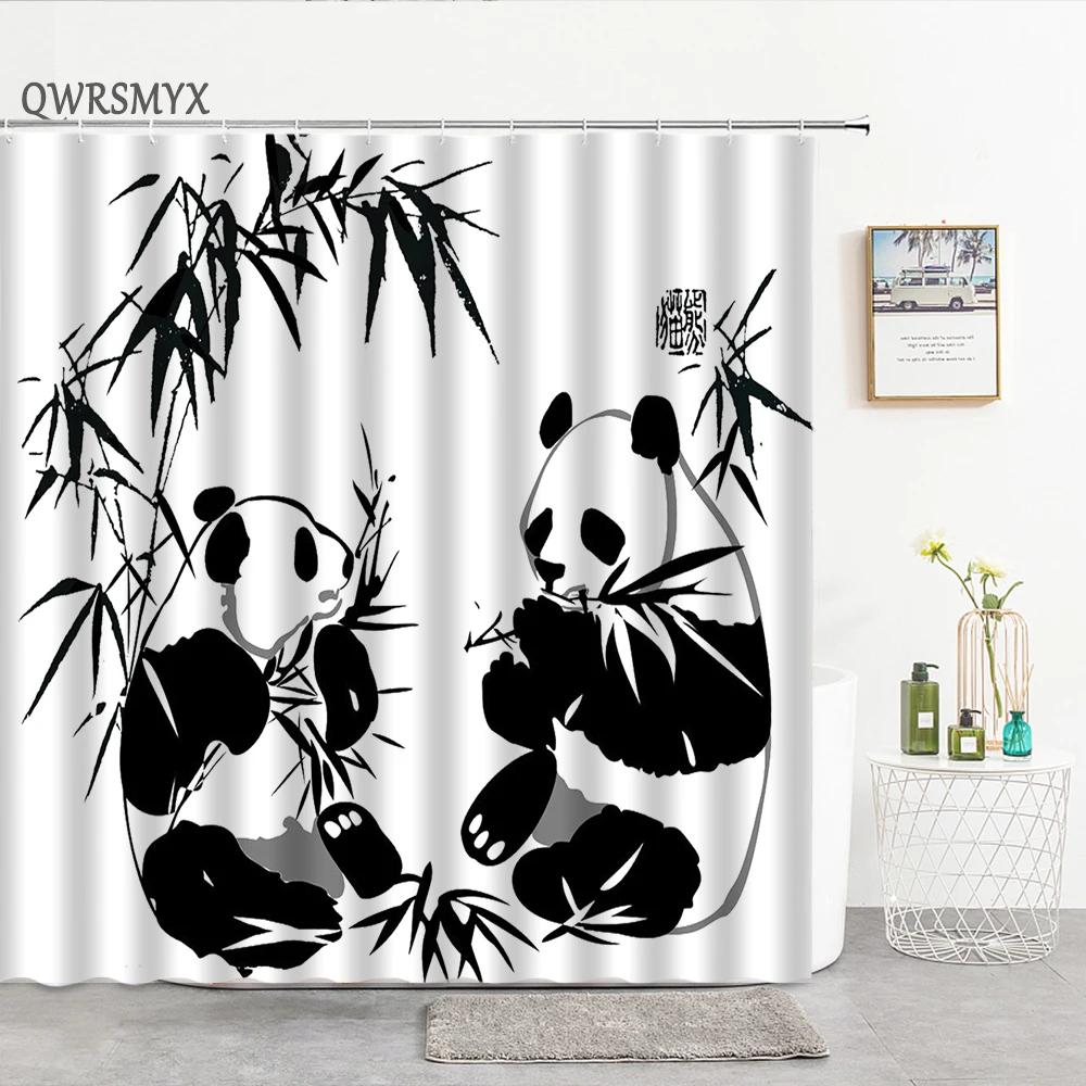 Waterproof Ink Painting Bamboo Leaves Bird Shower Curtains, Mountain Water Plant Landscape, Bathroom Curtain, Home Decor