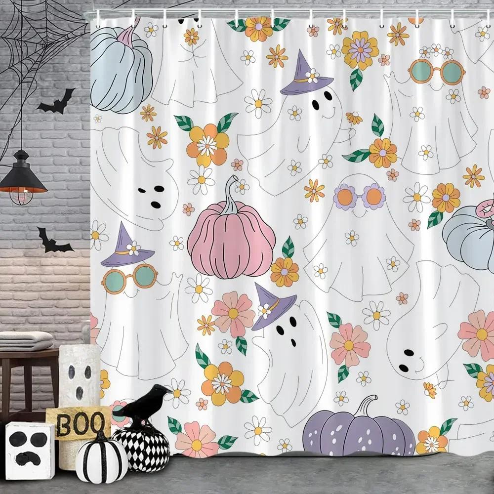 ~O~Pink Cute Halloween Shower Curtain Ghost Pumpkin Bat Skull Polyester Fabric Kids Shower Curtain Girls Bathroom Decor Strap Ho
