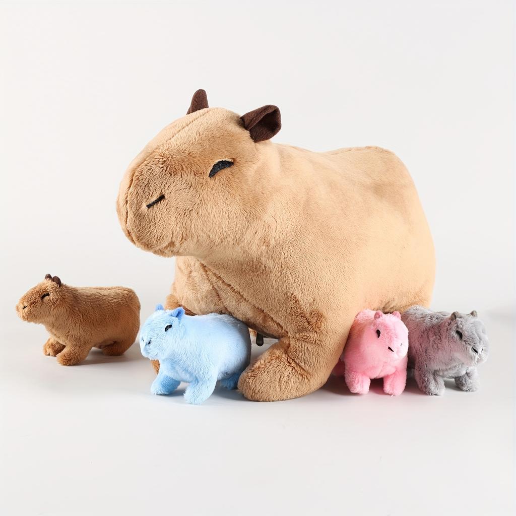 Kawaii Simulation Capybara Stuffed Animal-13.38'' Mommy Stuffed Capybara with 4 Baby Stuffed Animals Inside Zipper Tummy