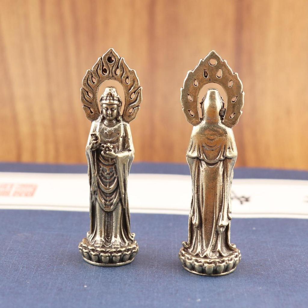 Retro Brass Buddha Guanyin Light Statue - Desktop Deity Ornament, Handheld Pendant, Old Copperware Handicraft.