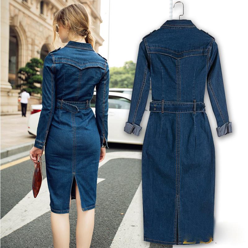 Damen Langarm Midi Kleid Umlegekragen Mittlere Taille Lässiges Jeanskleid Hemdkleid