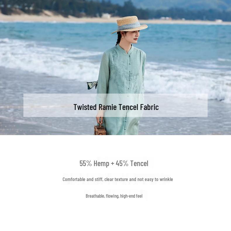 2026 Artistic Women's Textured Linen Embroidered Dress with Three-Quarter Sleeves and Flowing Mid-Length Skirt