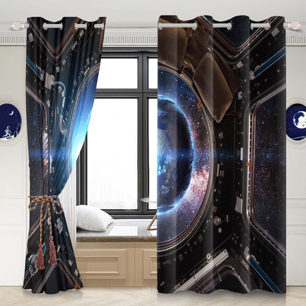 2pcs/set 3D Spacecraft Cabin Window Curtain Science Fiction Futurism Bedroom Living Room Decor Blackout Polyester Fabric Curtain