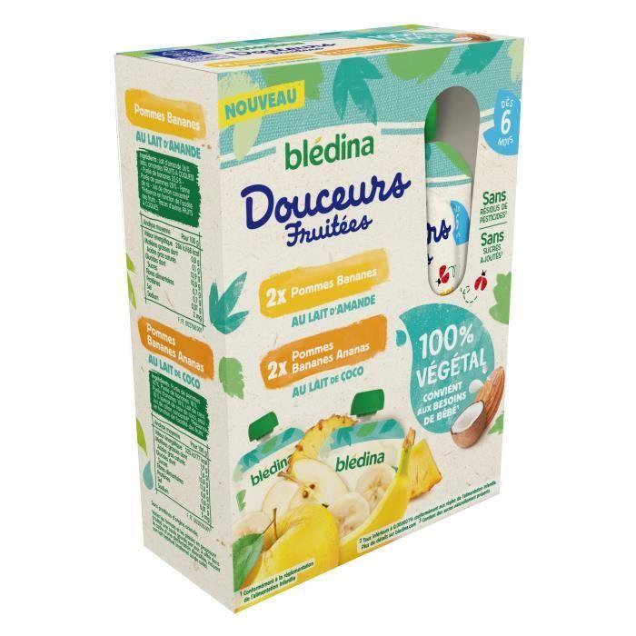 BLEDINA Gourdes Fruitées 100% végétal - 2 Pommes Bananes au lait d'amandes et 2 Pommes Bananes Ananas au lait de coco - 4x90 g