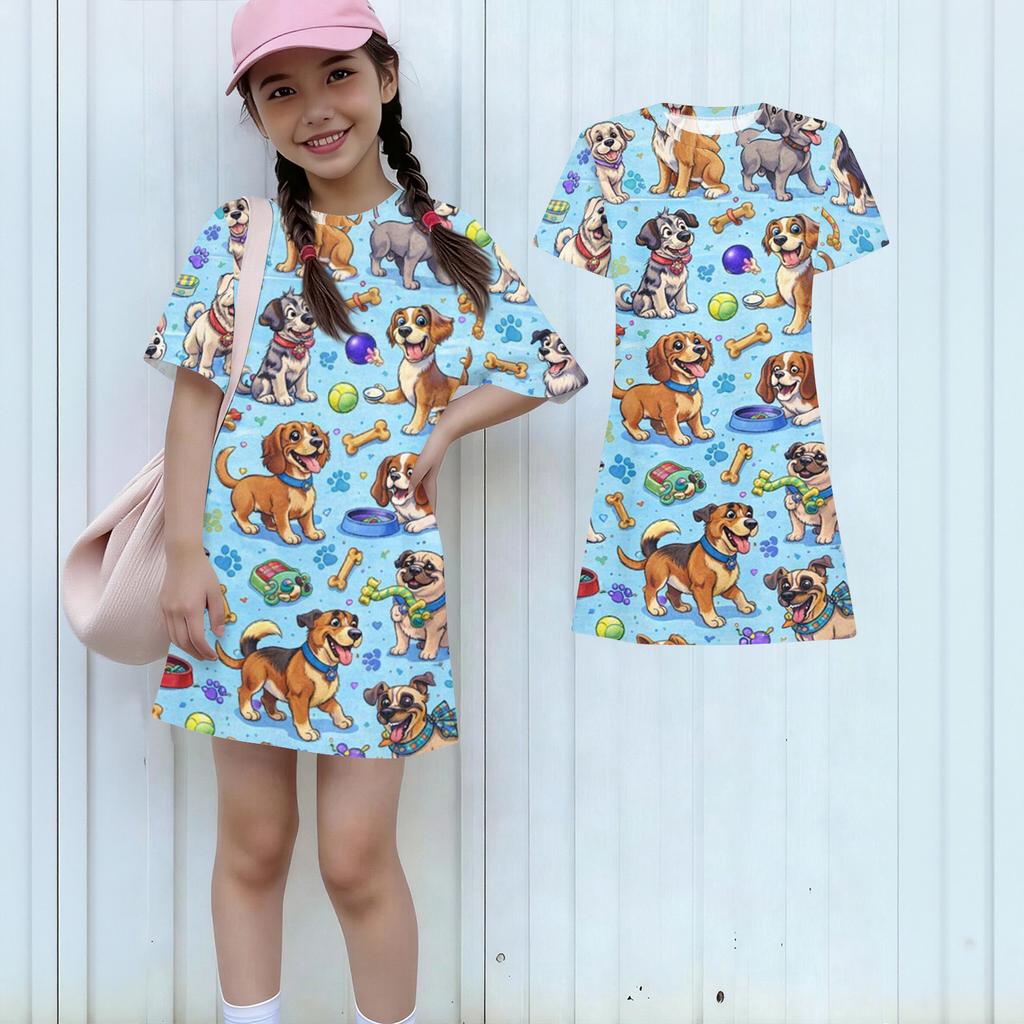 Girls Print Casual Dress Kids Loose Round Neck Short Sleeve Thin Sundress